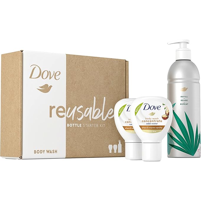 دوف غسول الجسم من دوف زجاجة وتركيز قابل لإعادة الاستخدام من الألمنيوم (مرتين) مجموعة بداية لبشرة ناعمة فورا، شيا وفانيليا دافئة للعناية بالبشرة وتغذية دائمة 4 أونصات (تصنع 16 أونصة) - Image 1